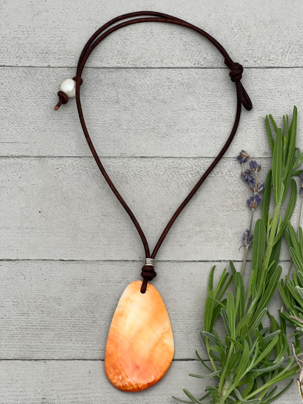 Beautiful Red Spiny Oyster Shell, Thai Hill Tribe Silver and Rustic Brown Leather Necklace - SunlightSilver