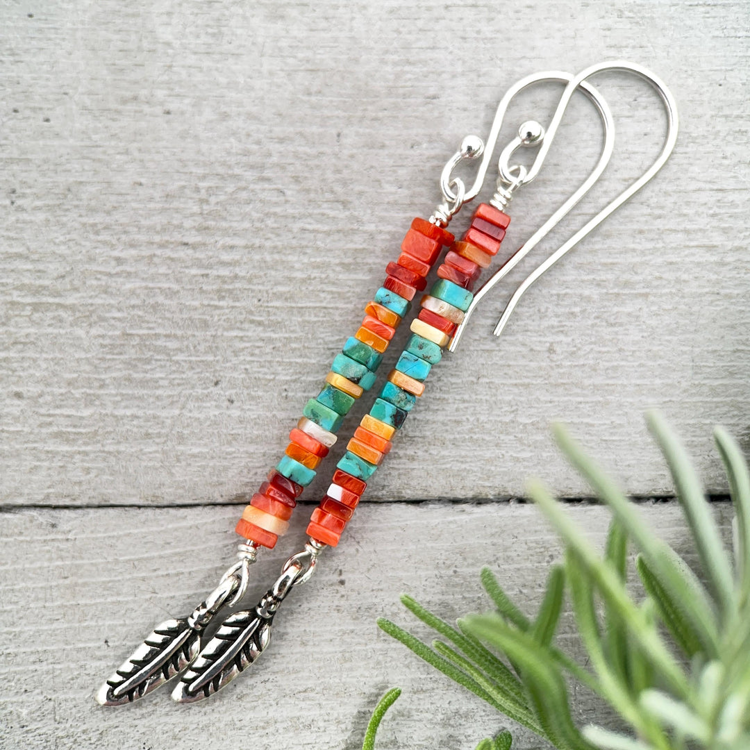 Spiny Oyster & Turquoise Earrings | Sterling Silver Feathers | Blue, Orange, Red Shell - SunlightSilver