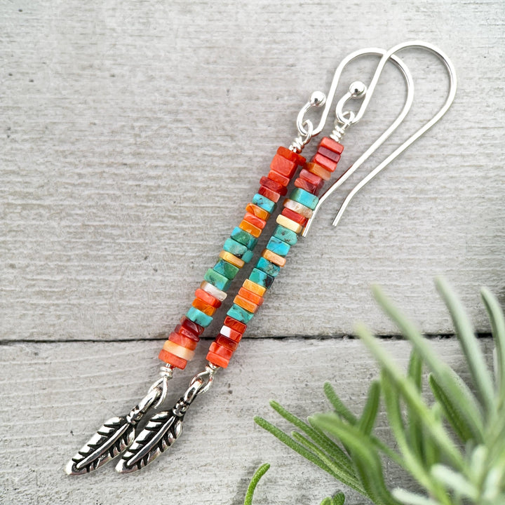 Spiny Oyster & Turquoise Earrings | Sterling Silver Feathers | Blue, Orange, Red Shell - SunlightSilver