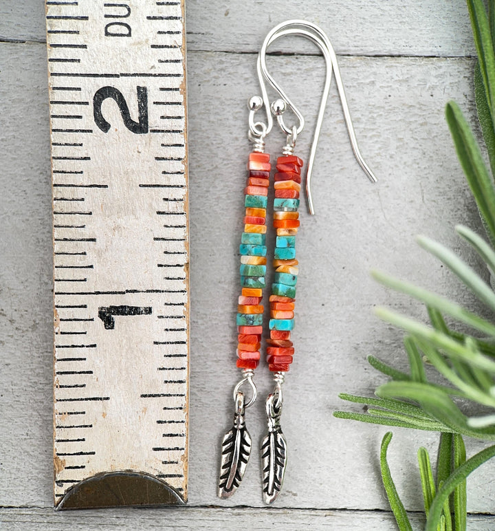 Spiny Oyster & Turquoise Earrings | Sterling Silver Feathers | Blue, Orange, Red Shell - SunlightSilver