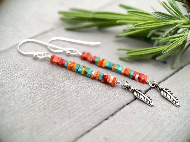 Spiny Oyster & Turquoise Earrings | Sterling Silver Feathers | Blue, Orange, Red Shell - SunlightSilver