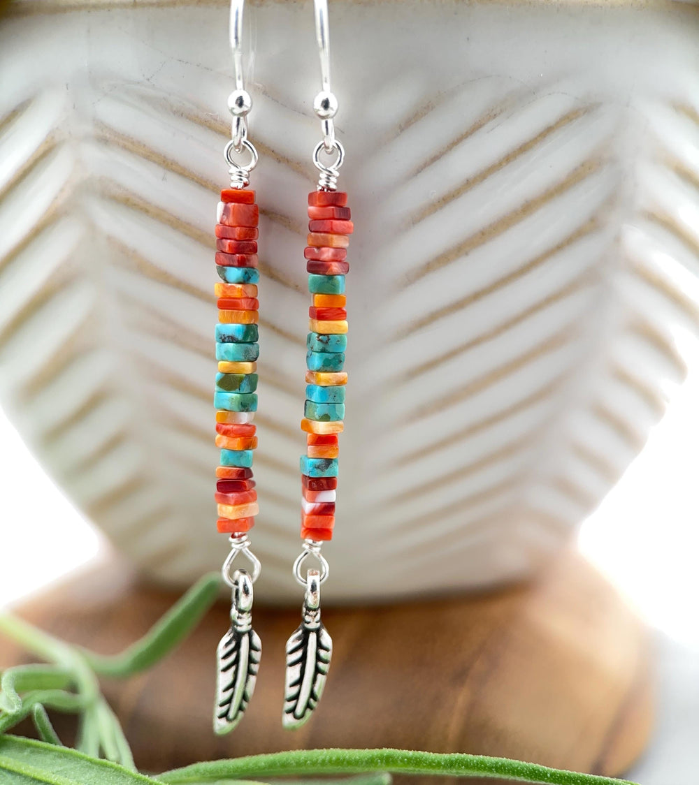 Spiny Oyster & Turquoise Earrings | Sterling Silver Feathers | Blue, Orange, Red Shell - SunlightSilver