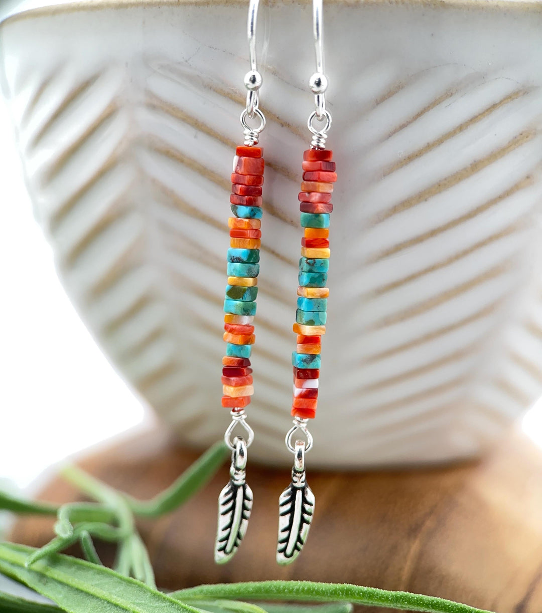Spiny Oyster & Turquoise Earrings | Sterling Silver Feathers | Blue, Orange, Red Shell - SunlightSilver