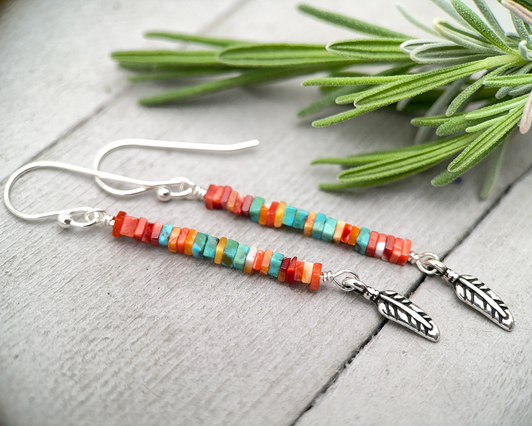 Spiny Oyster & Turquoise Earrings | Sterling Silver Feathers | Blue, Orange, Red Shell - SunlightSilver