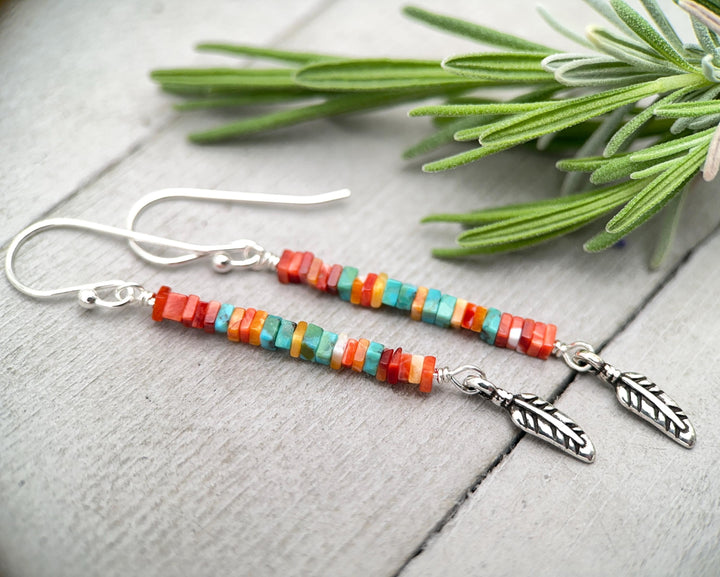 Spiny Oyster & Turquoise Earrings | Sterling Silver Feathers | Blue, Orange, Red Shell - SunlightSilver