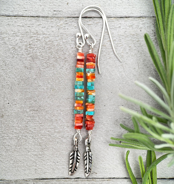 Spiny Oyster & Turquoise Earrings | Sterling Silver Feathers | Blue, Orange, Red Shell - SunlightSilver