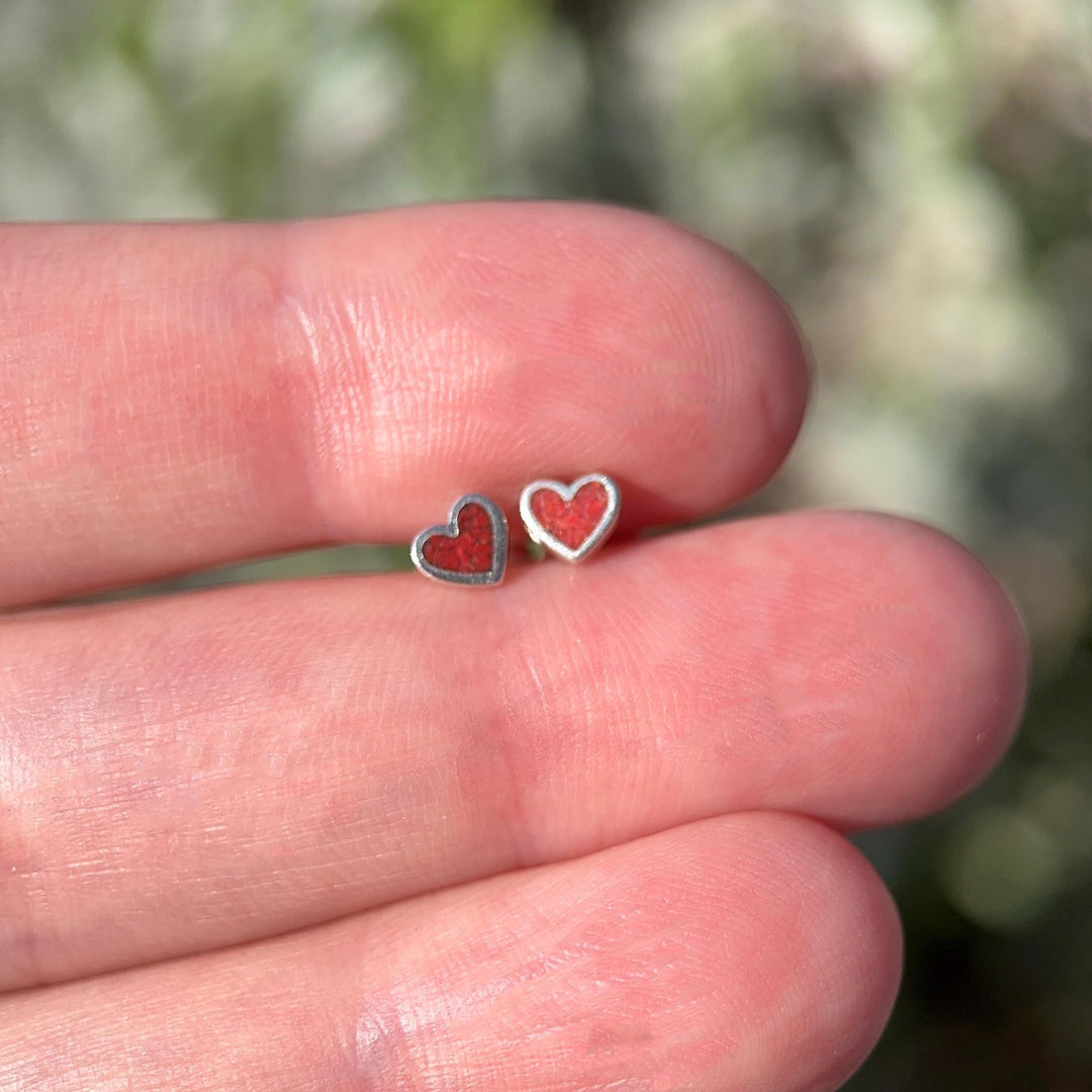 Tiny Red Coral Sterling Silver Heart Stud - Inlay Post Earrings - SunlightSilver