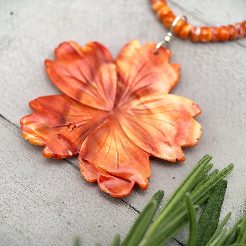Spiny Oyster Pendant | Large Orange-Red Carved Shell Flower | Sterling Silver Jewelry - SunlightSilver