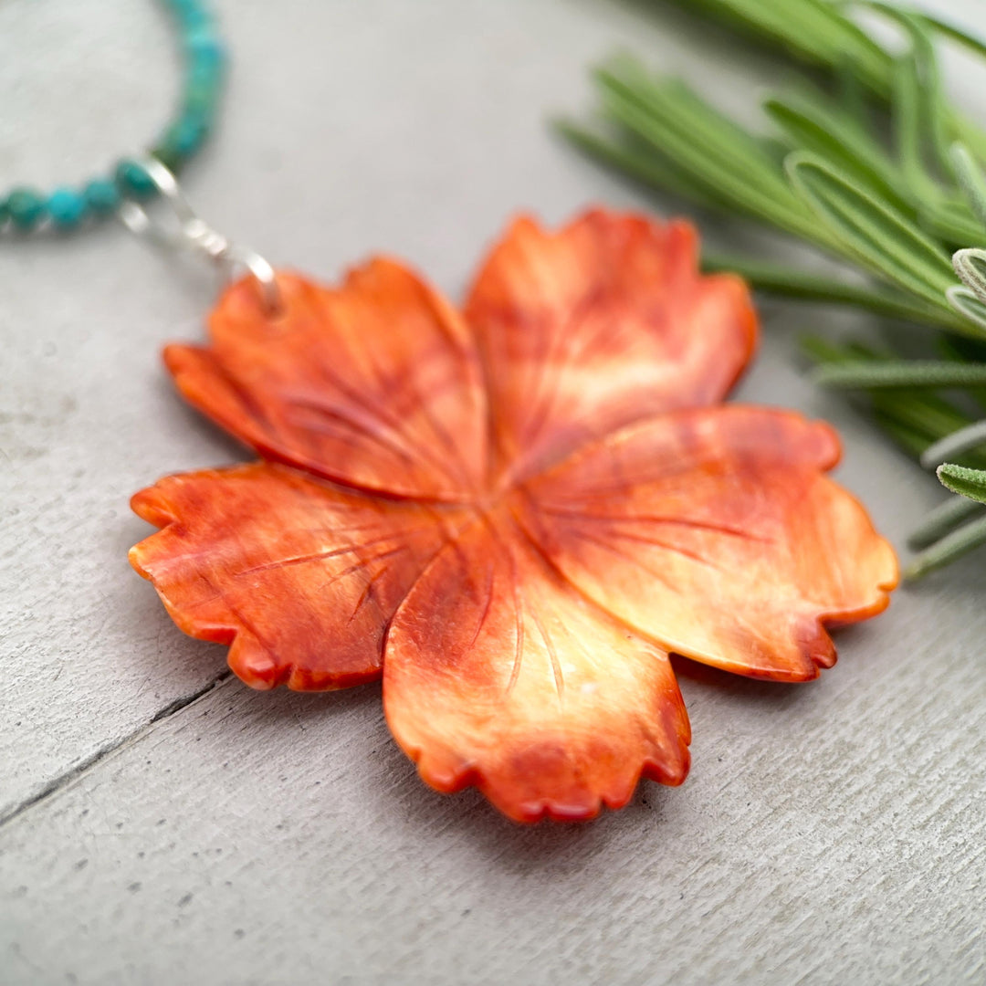 Spiny Oyster Pendant | Large Orange-Red Carved Shell Flower | Sterling Silver Jewelry - SunlightSilver