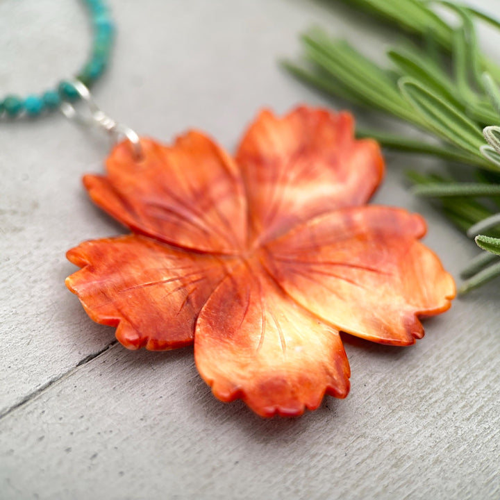 Spiny Oyster Pendant | Large Orange-Red Carved Shell Flower | Sterling Silver Jewelry - SunlightSilver