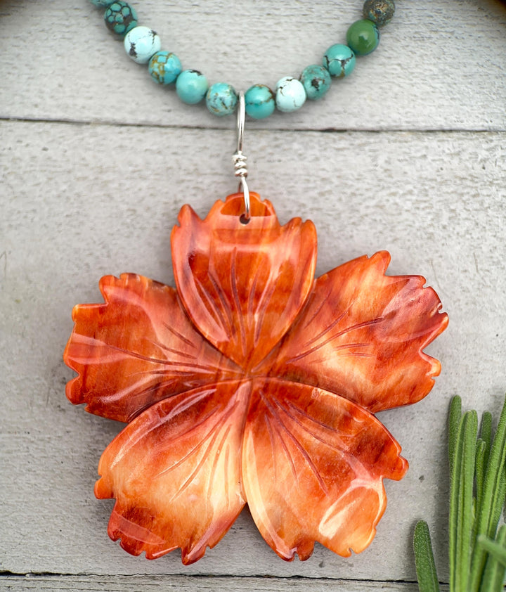 Spiny Oyster Pendant | Large Orange-Red Carved Shell Flower | Sterling Silver Jewelry - SunlightSilver