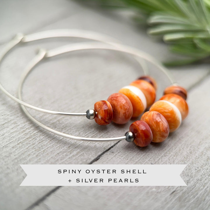 Spiny Oyster & Navajo Pearl Earrings | Sterling Silver Hoops | Orange-Red, Purple Shells - SunlightSilver