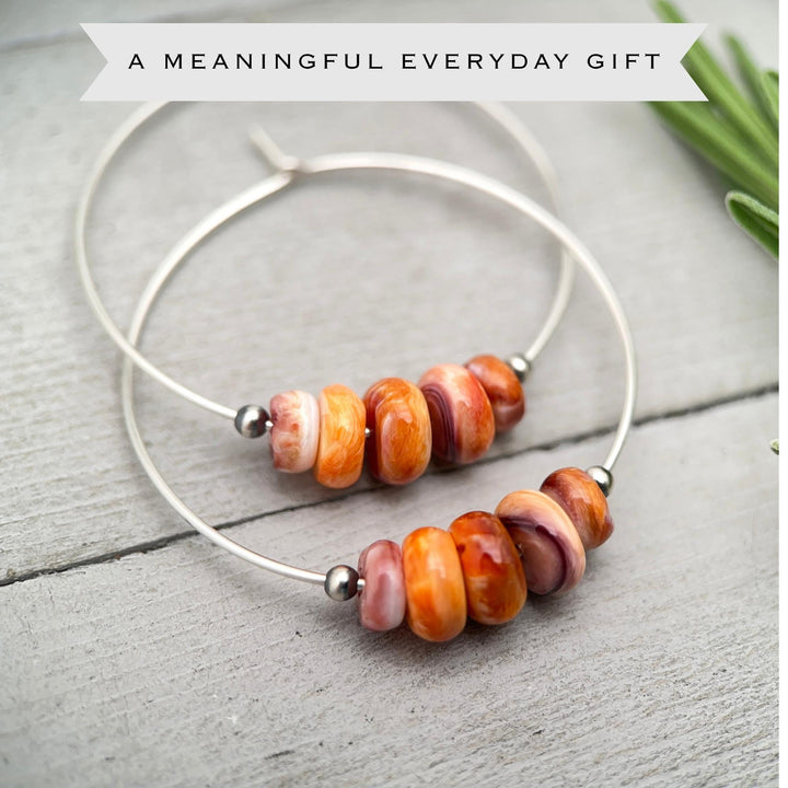 Spiny Oyster & Navajo Pearl Earrings | Sterling Silver Hoops | Orange-Red, Purple Shells - SunlightSilver