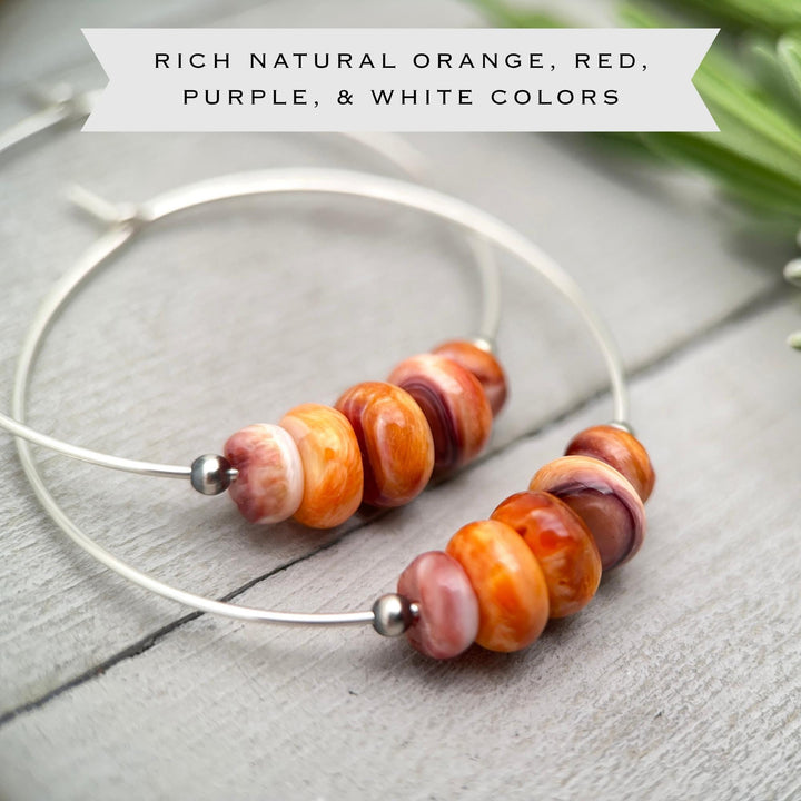 Spiny Oyster & Navajo Pearl Earrings | Sterling Silver Hoops | Orange-Red, Purple Shells - SunlightSilver