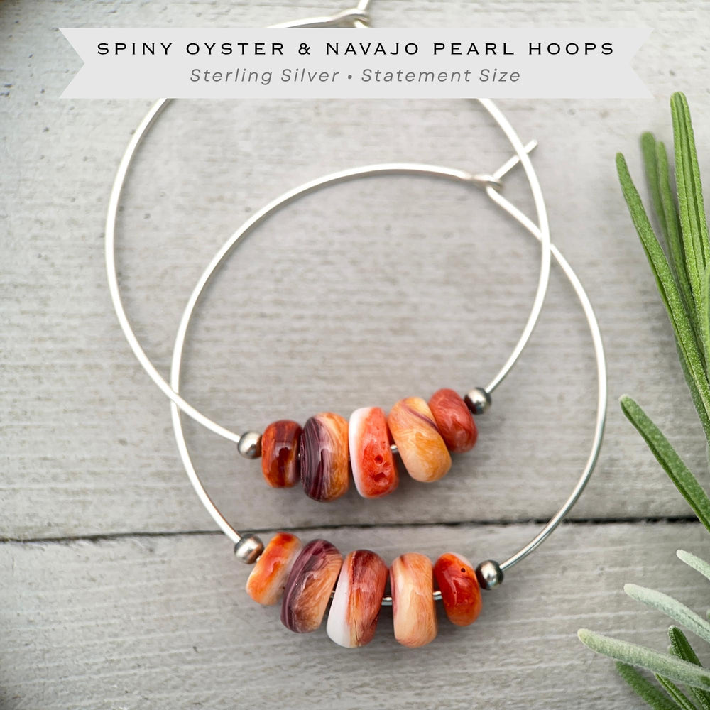 Spiny Oyster & Navajo Pearl Earrings | Sterling Silver Hoops | Orange-Red, Purple Shells - SunlightSilver