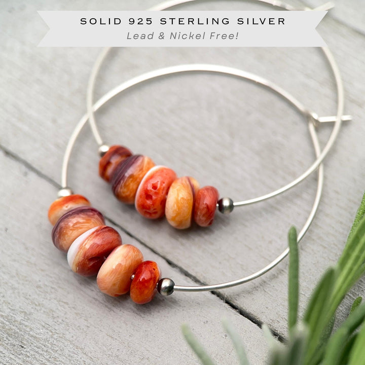 Spiny Oyster & Navajo Pearl Earrings | Sterling Silver Hoops | Orange-Red, Purple Shells - SunlightSilver