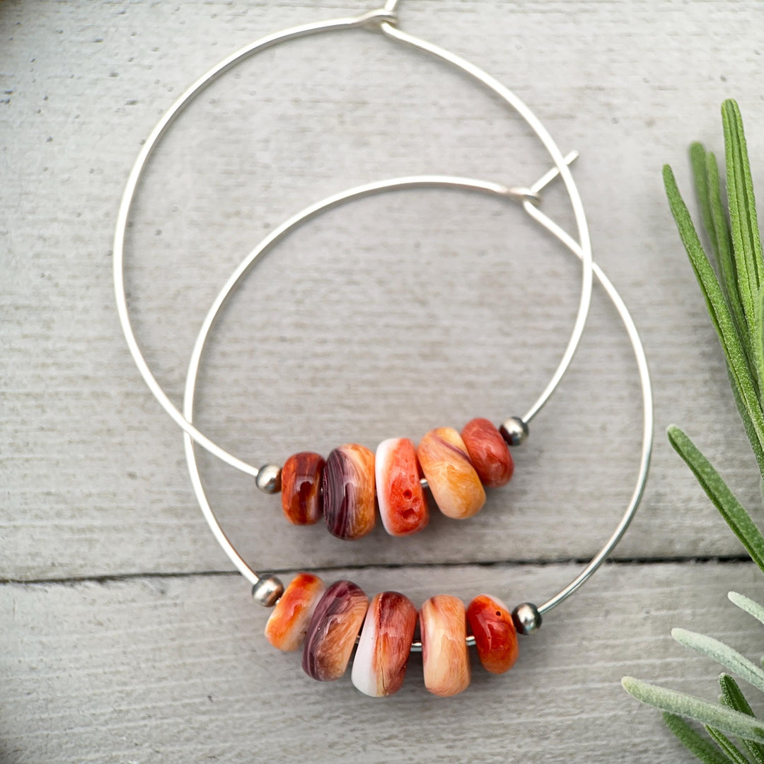 Spiny Oyster & Navajo Pearl Earrings | Sterling Silver Hoops | Orange-Red, Purple Shells - SunlightSilver