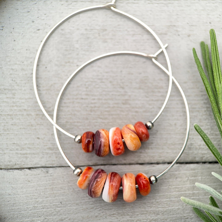 Spiny Oyster & Navajo Pearl Earrings | Sterling Silver Hoops | Orange-Red, Purple Shells - SunlightSilver