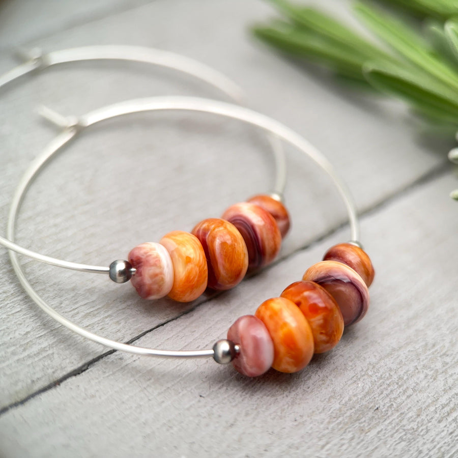 Spiny Oyster & Navajo Pearl Earrings | Sterling Silver Hoops | Orange-Red, Purple Shells - SunlightSilver