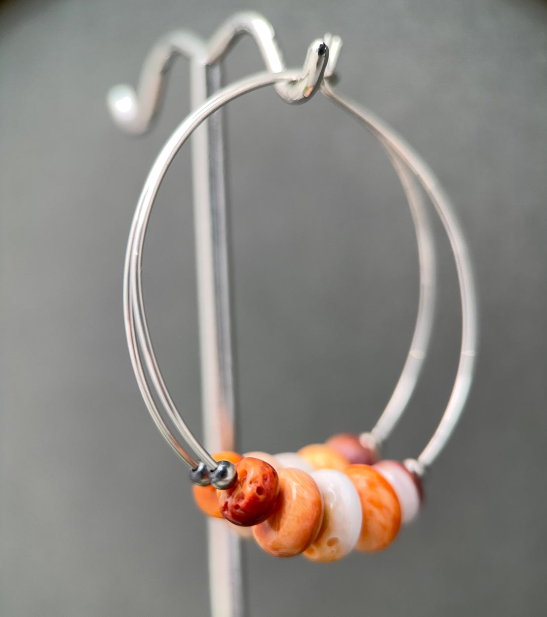 Spiny Oyster & Navajo Pearl Earrings | Sterling Silver Hoops | Orange-Red, Purple Shells - SunlightSilver