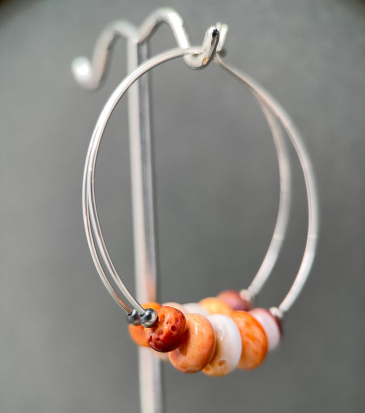 Spiny Oyster & Navajo Pearl Earrings | Sterling Silver Hoops | Orange-Red, Purple Shells - SunlightSilver