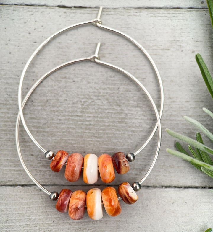 Spiny Oyster & Navajo Pearl Earrings | Sterling Silver Hoops | Orange-Red, Purple Shells - SunlightSilver