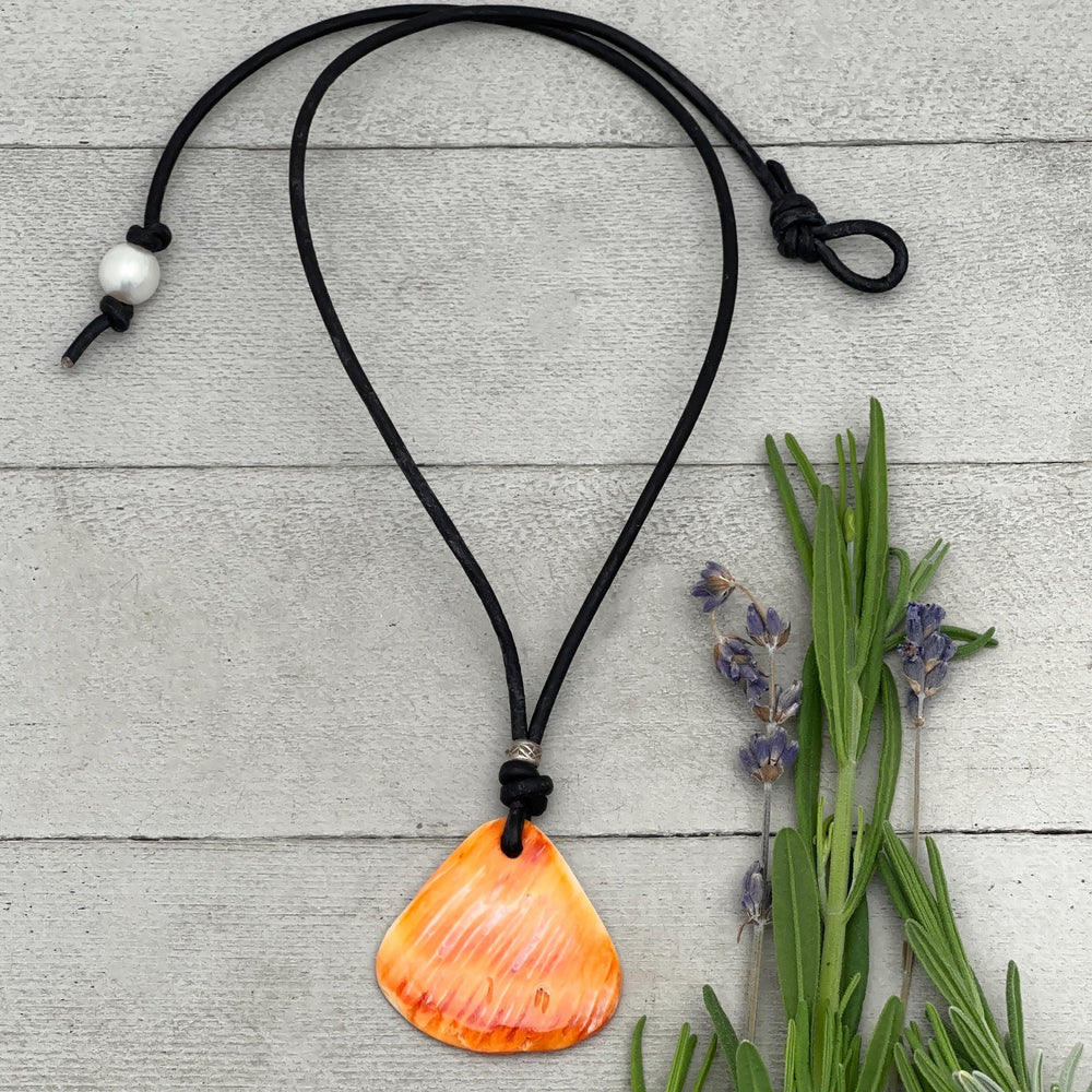 Orange Spiny Oyster Necklace | Orange Shell, Black Leather, Gift for Him or Her - SunlightSilver
