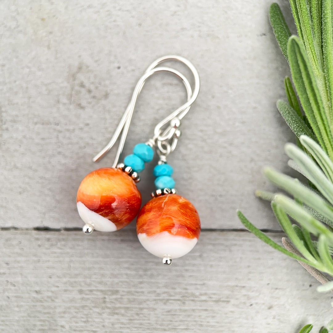 Spiny Oyster & Turquoise Earrings | Orange-Red, and White Shell | Sterling Silver Jewelry - SunlightSilver