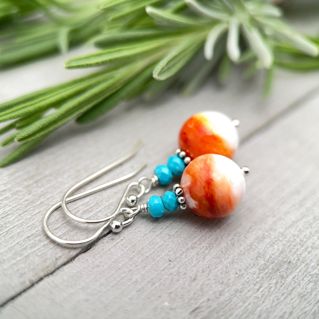 Spiny Oyster & Turquoise Earrings | Orange-Red, and White Shell | Sterling Silver Jewelry - SunlightSilver