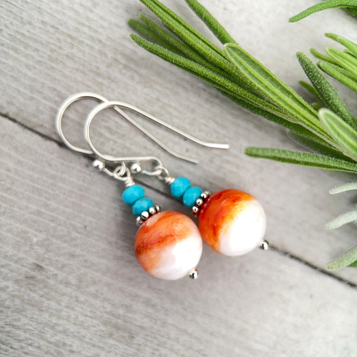 Spiny Oyster & Turquoise Earrings | Orange-Red, and White Shell | Sterling Silver Jewelry - SunlightSilver
