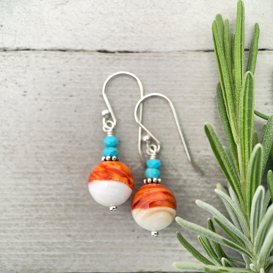 Spiny Oyster & Turquoise Earrings | Orange-Red, and White Shell | Sterling Silver Jewelry - SunlightSilver