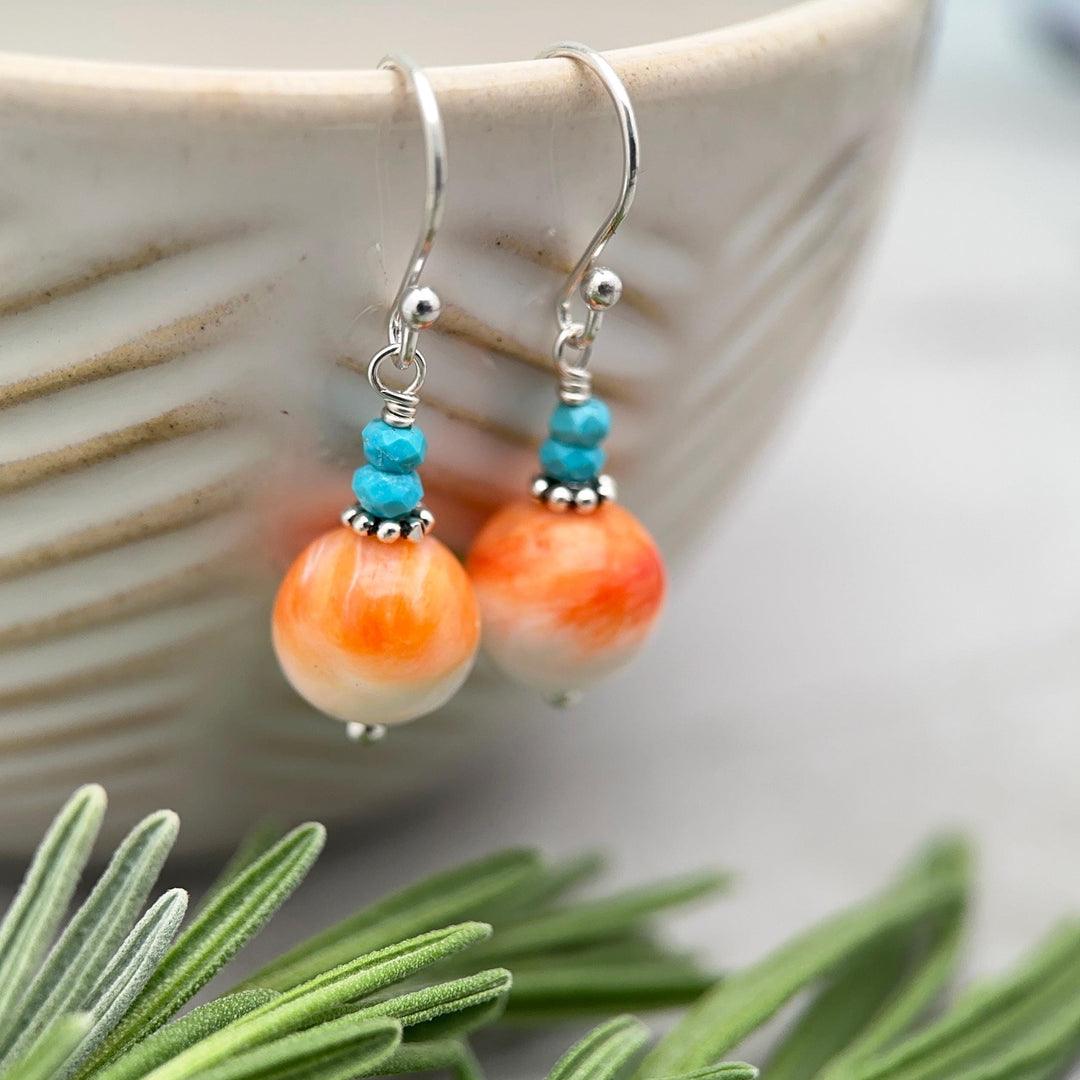 Spiny Oyster & Turquoise Earrings | Orange-Red, and White Shell | Sterling Silver Jewelry - SunlightSilver
