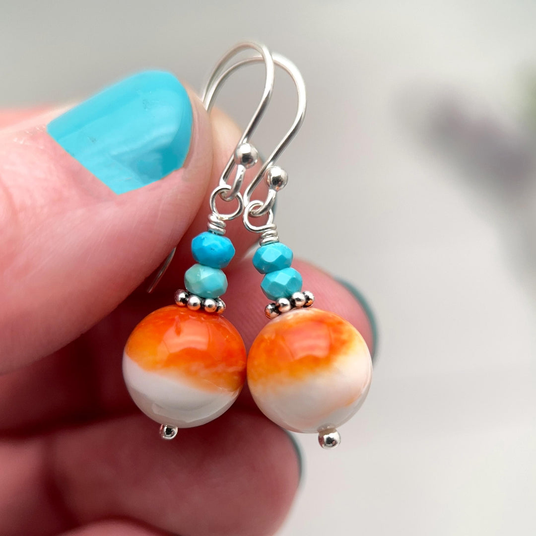 Spiny Oyster & Turquoise Earrings | Orange-Red, and White Shell | Sterling Silver Jewelry - SunlightSilver