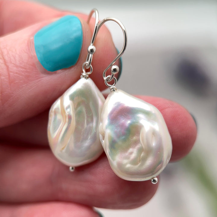 Baroque Pearl Earrings • Sterling Silver • June Birthstone • White Bridal Jewelry - SunlightSilver