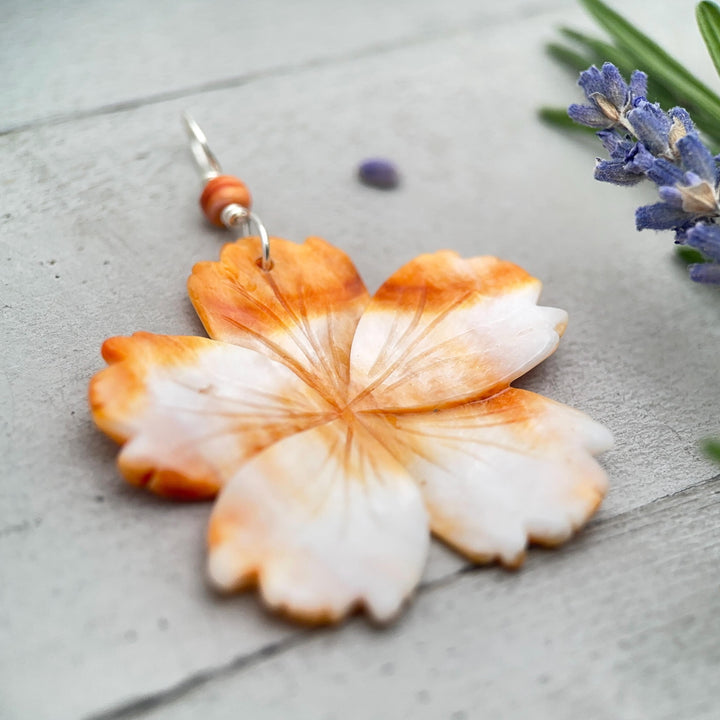 Spiny Oyster Pendant | Large Orange-Red Carved Shell Flower | Sterling Silver Jewelry - LAST ONES! - SunlightSilver