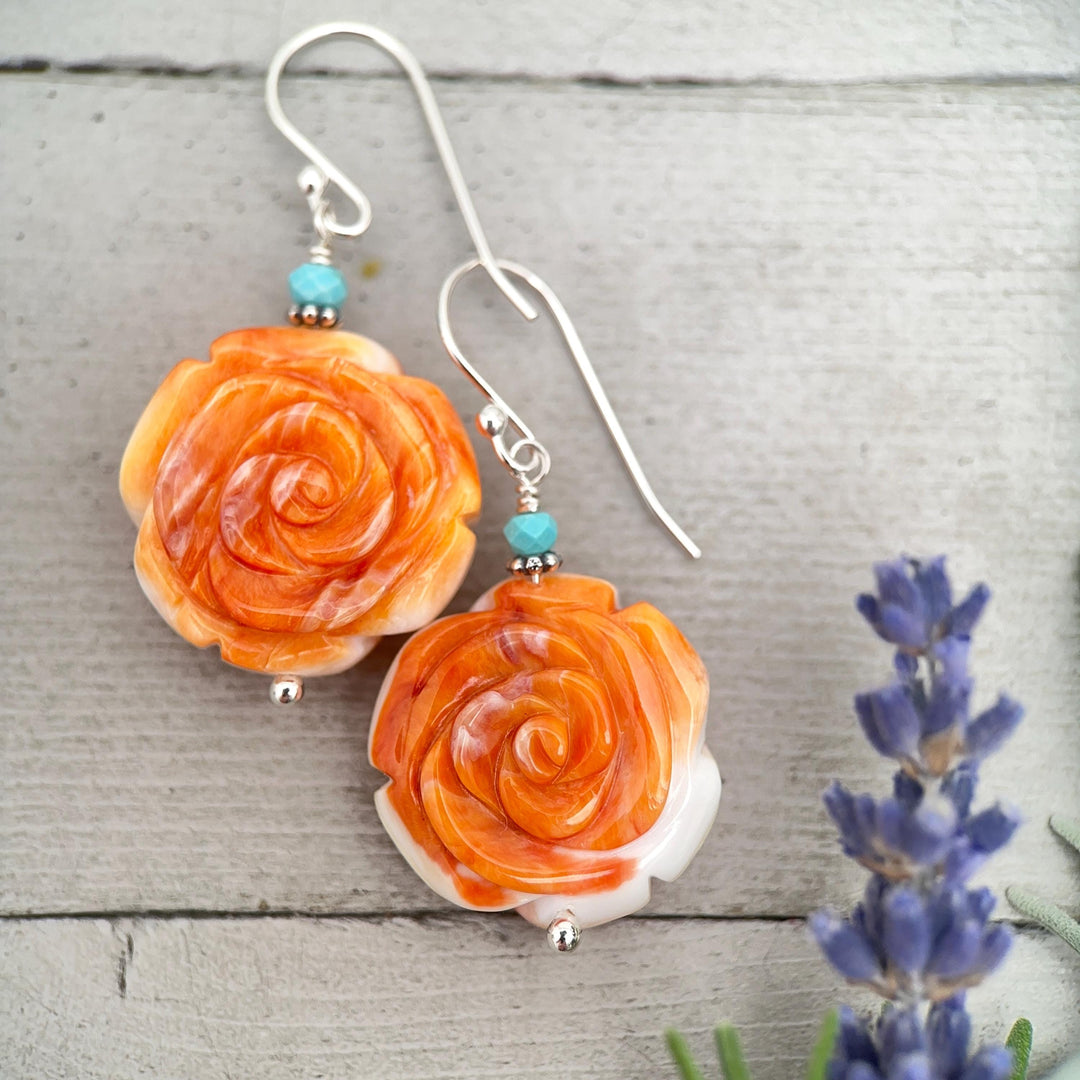 Spiny Oyster & Turquoise Earrings - Sterling Silver – Orange-Red Carved Shell Rose Flower Jewelry - SunlightSilver