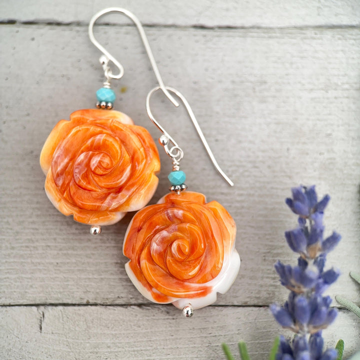 Spiny Oyster & Turquoise Earrings - Sterling Silver – Orange-Red Carved Shell Rose Flower Jewelry - SunlightSilver