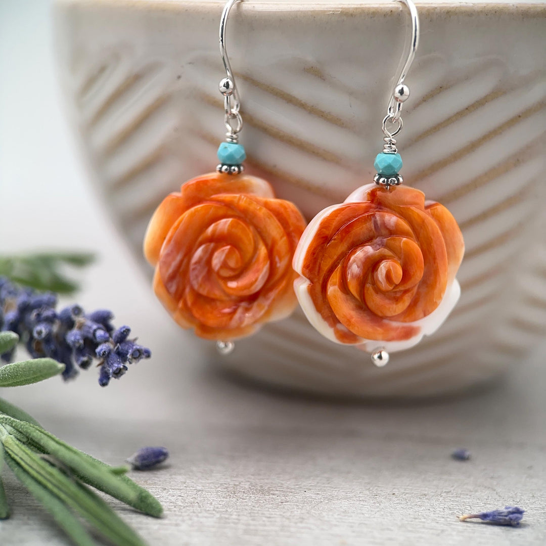 Spiny Oyster & Turquoise Earrings - Sterling Silver – Orange-Red Carved Shell Rose Flower Jewelry - SunlightSilver