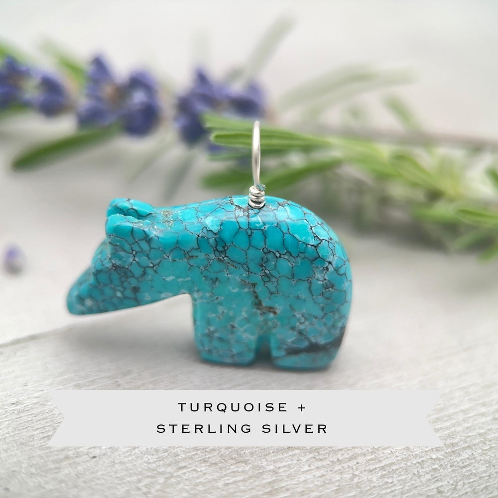 Vintage Zuni Carved Turquoise Bear Pendant – Solid 925 Sterling Silver - SunlightSilver