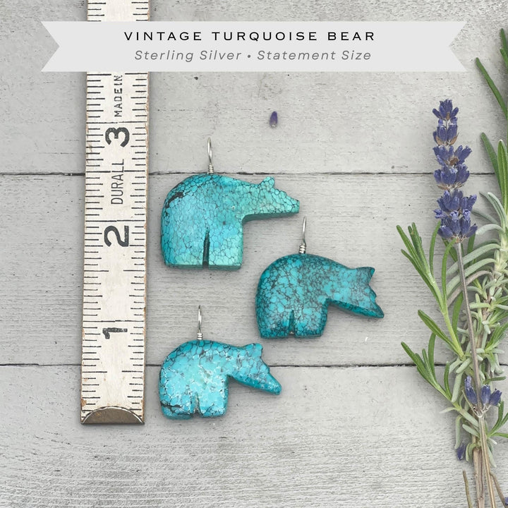 Vintage Zuni Carved Turquoise Bear Pendant – Solid 925 Sterling Silver - SunlightSilver