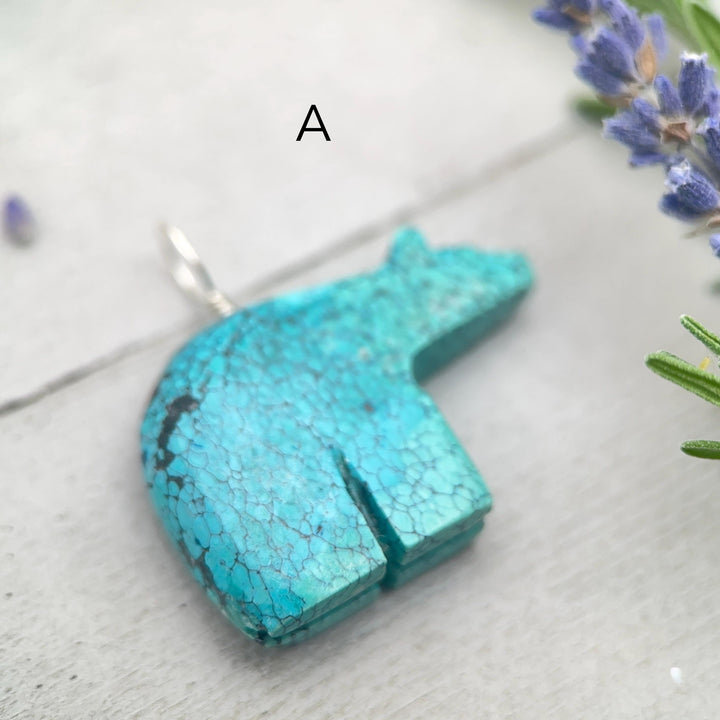 Vintage Zuni Carved Turquoise Bear Pendant – Solid 925 Sterling Silver - SunlightSilver