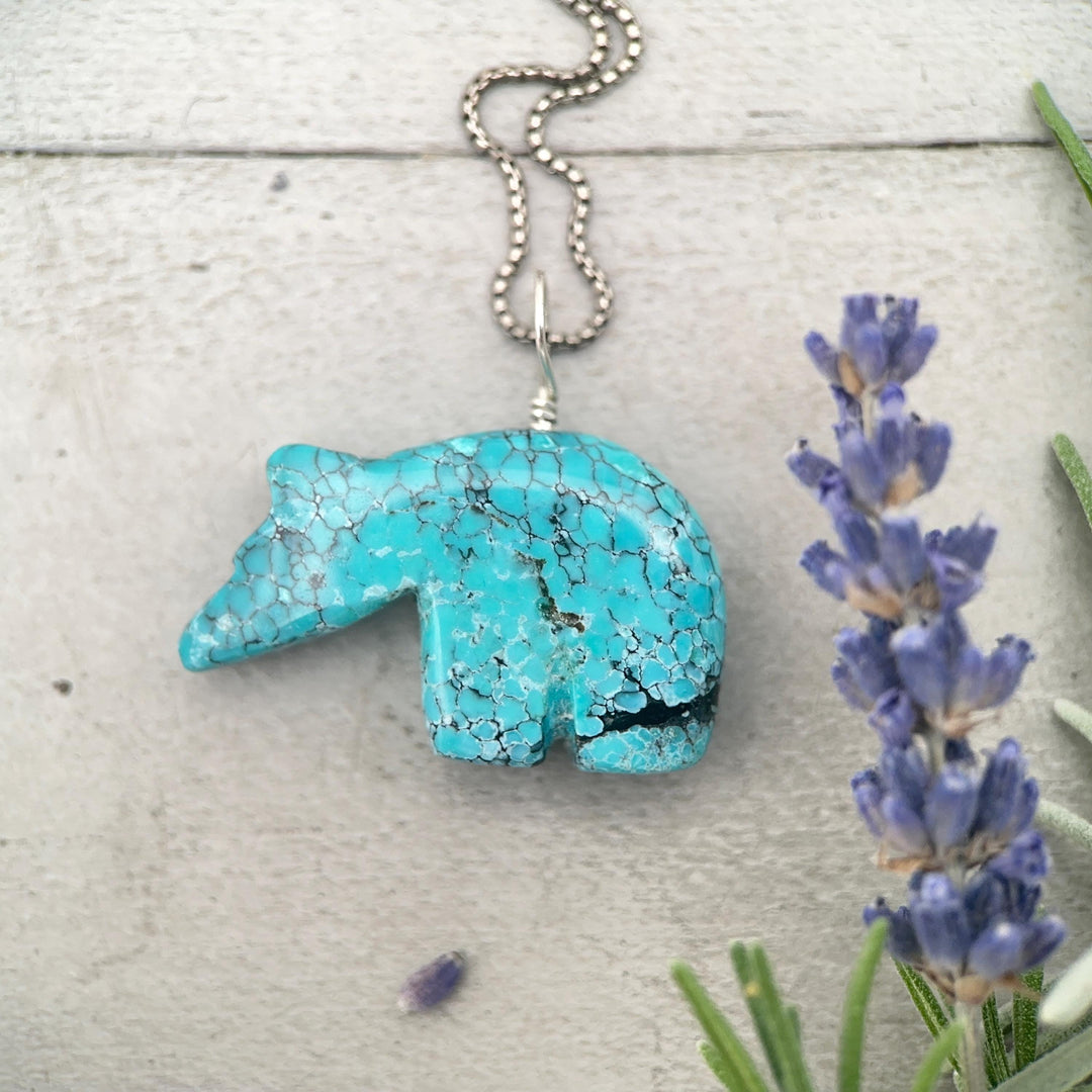Vintage Zuni Carved Turquoise Bear Pendant – Solid 925 Sterling Silver - SunlightSilver
