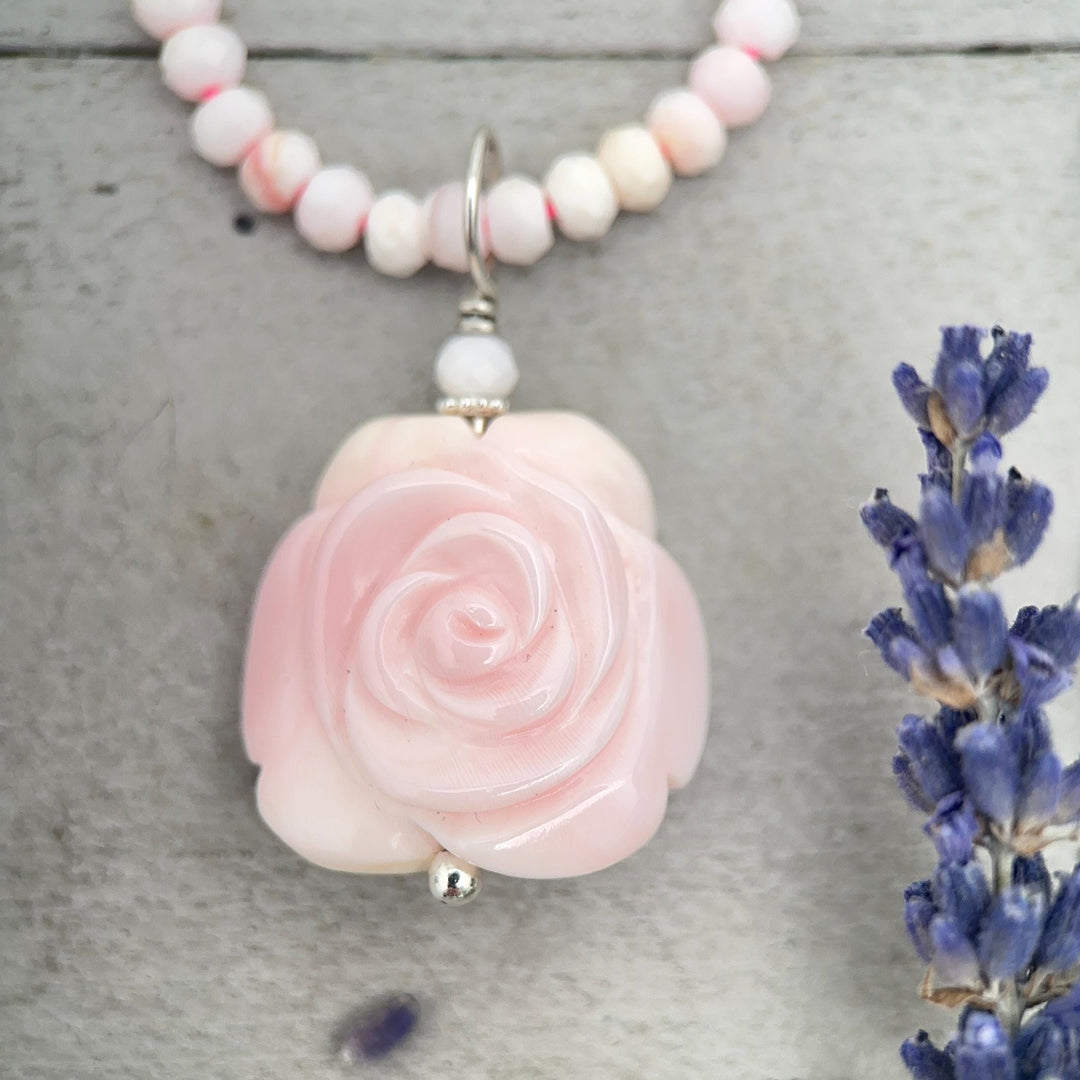 Pink Queen Conch Shell Pendant | Carved Flower with Solid 925 Sterling Silver Bail | Ocean Inspired Handmade Floral Jewelry - SunlightSilver