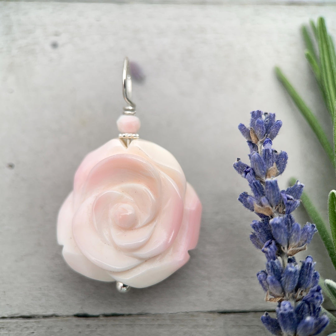 Pink Queen Conch Shell Pendant | Carved Flower with Solid 925 Sterling Silver Bail | Ocean Inspired Handmade Floral Jewelry - SunlightSilver