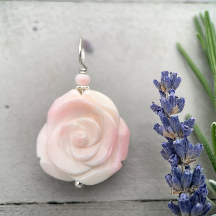 Pink Queen Conch Shell Pendant | Carved Flower with Solid 925 Sterling Silver Bail | Ocean Inspired Handmade Floral Jewelry - SunlightSilver