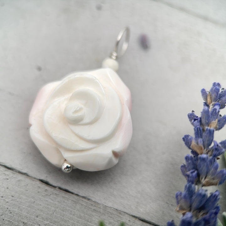 Pink Queen Conch Shell Pendant | Carved Flower with Solid 925 Sterling Silver Bail | Ocean Inspired Handmade Floral Jewelry - SunlightSilver