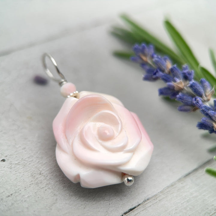 Pink Queen Conch Shell Pendant | Carved Flower with Solid 925 Sterling Silver Bail | Ocean Inspired Handmade Floral Jewelry - SunlightSilver