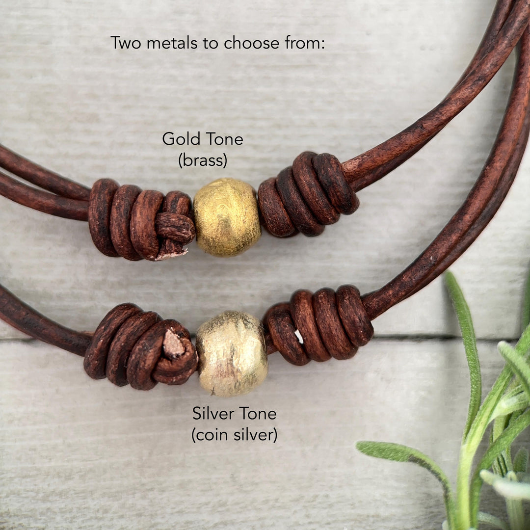 African Coin Silver Bead and Leather Anklet or Bracelet - Adjustable Size - Rustic Brown or Black Leather - SunlightSilver