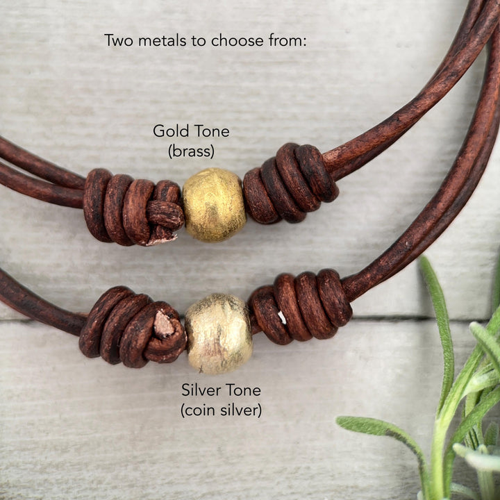 African Coin Silver Bead and Leather Anklet or Bracelet - Adjustable Size - Rustic Brown or Black Leather - SunlightSilver