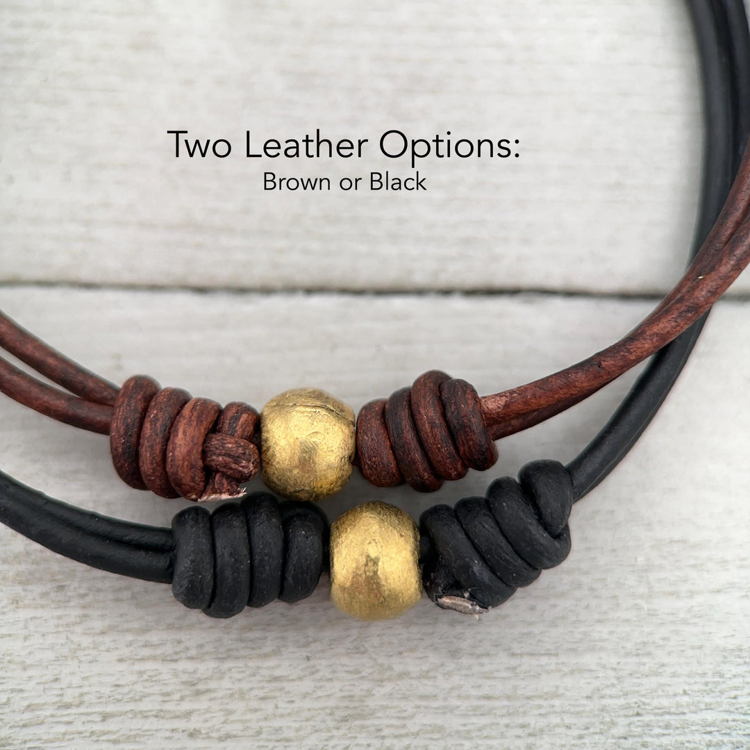 African Coin Silver Bead and Leather Anklet or Bracelet - Adjustable Size - Rustic Brown or Black Leather - SunlightSilver